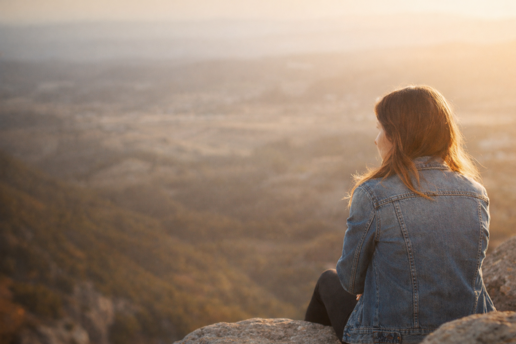 Joven sentada contemplando el paisaje al atardecer, símbolo de reflexión y discernimiento vocacional ante el miedo y las dudas.