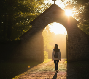Jove amb motxilla caminant cap a un arc de pedra il·luminat pel sol, representant l'itinerari vocacional Vine i Mira